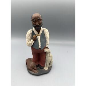 Folk Art Man w Pipe & Dogs Figurine Americana Resin 7”